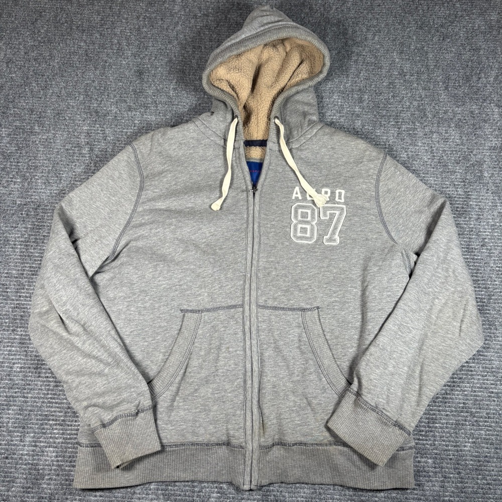 Aeropostale Mens Sherpa Lined Full Zip Hoodie Sweatshirt Gray XL